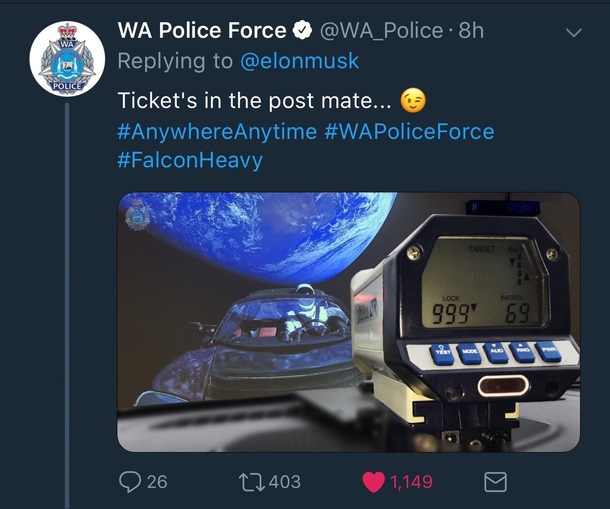 Western Australias police force response to Elon informing us that his car is currently over Australia