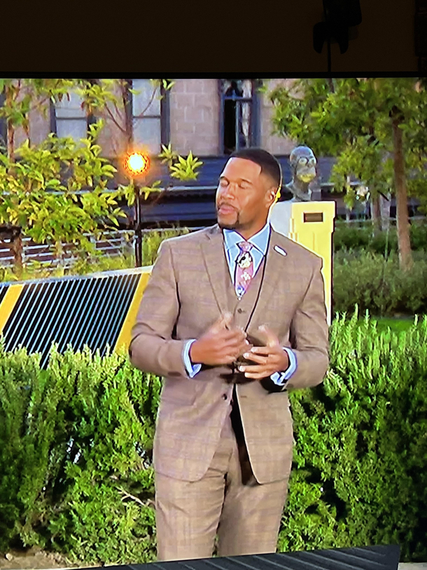 What is there a bust of Homer Simpson behind Micheal Strahan