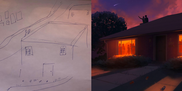 What my client gave me as a sketch vs What I drew for them They asked for a couple on a roof staring at the sky with a party in the house below