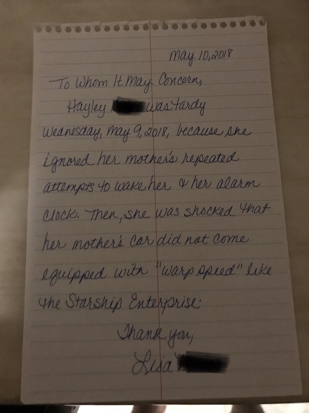 What my mother wrote to excuse my sisters tardiness
