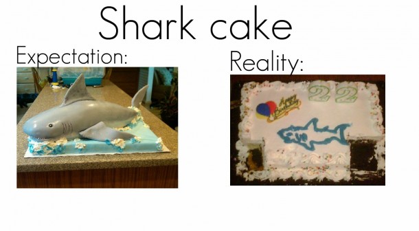 What my sister expected as her shark cake and what she actually got on her birthday