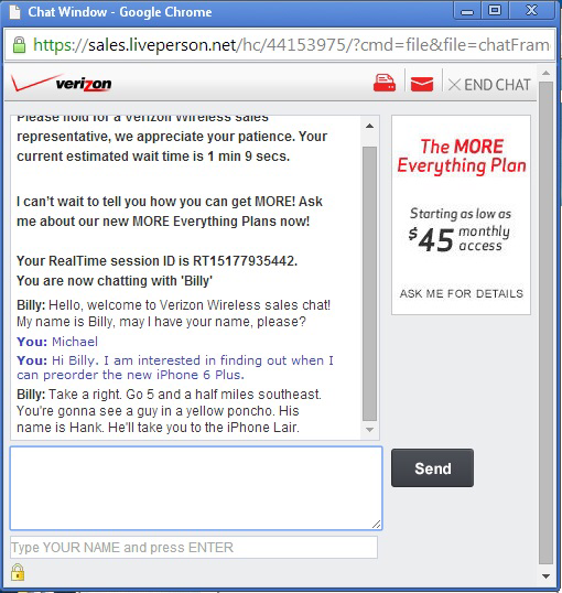 What the fuck Billy Legit screenshot of a chat I just tried to have with a Verizon rep
