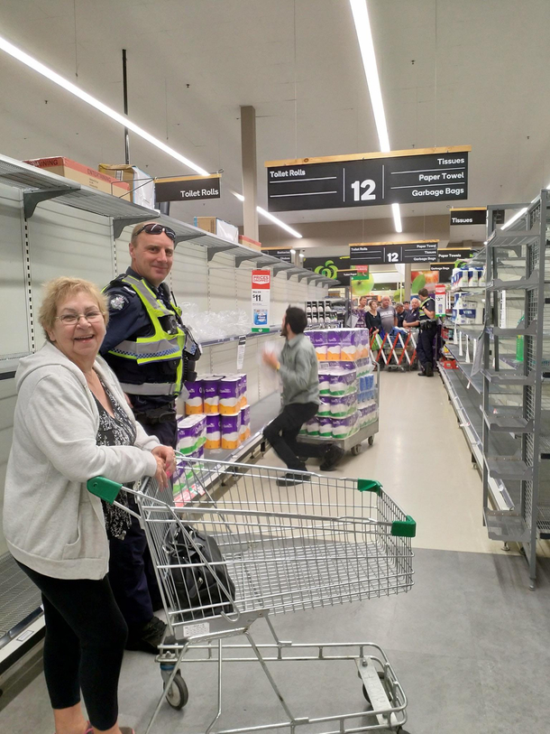 When coronavirus panic is so out of control here in Australia that the cops have to patrol the toilet paper aisle daily to enforce limitations