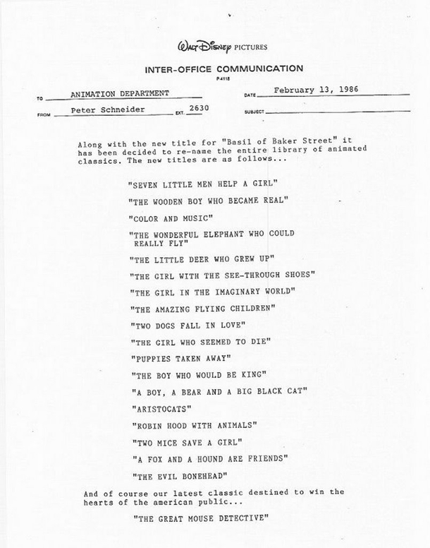 When Disney changed the name of Basil of Baker Street to The Great Mouse Detective the animators made their displeasure known with this little memo
