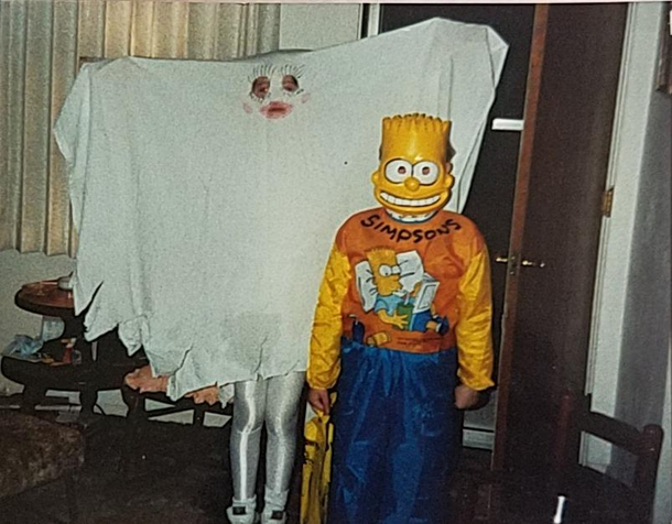 When my mom was a kid her older sister wanted to be a lame ghost for Halloween My mom decided to be Bart Simpson I think she won