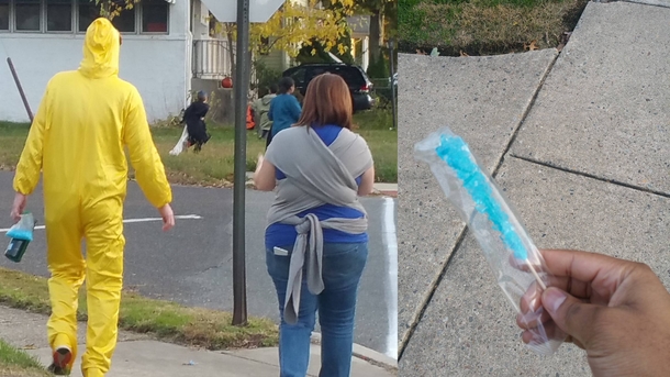 While I was out trick-or-treating with my son there was a guy dressed in Breaking Bad attire handing out crystal meth rock candy