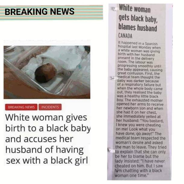 White woman gives birth to a black baby and accuses her husband of having sex with a black girl