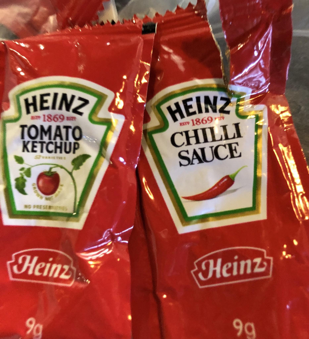 Why Heinz why cant you make the bags of tomato ketchup and chili sauce more different I need more water