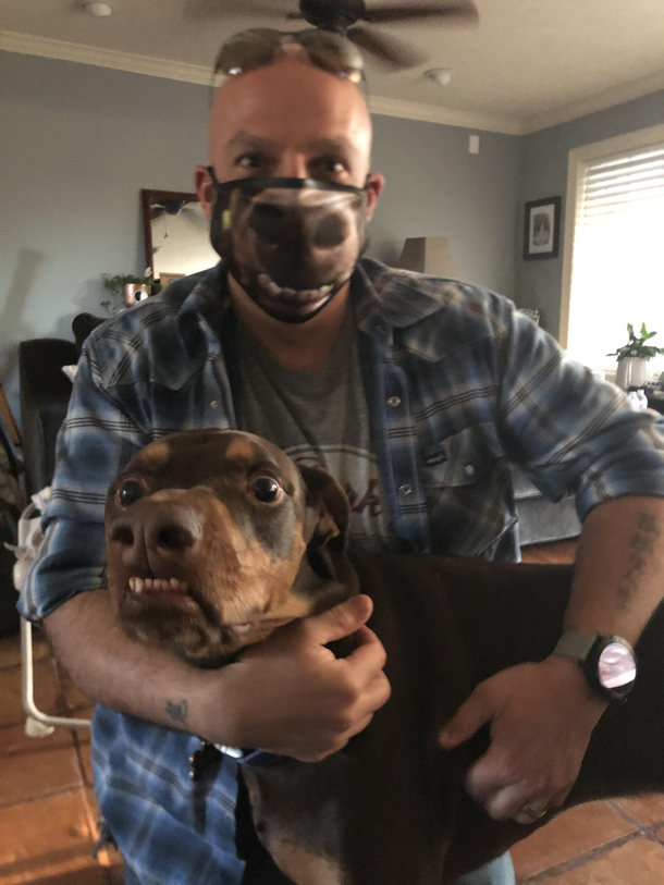 Wife got me a mask with my boys face on it Not sure whether funny or scary