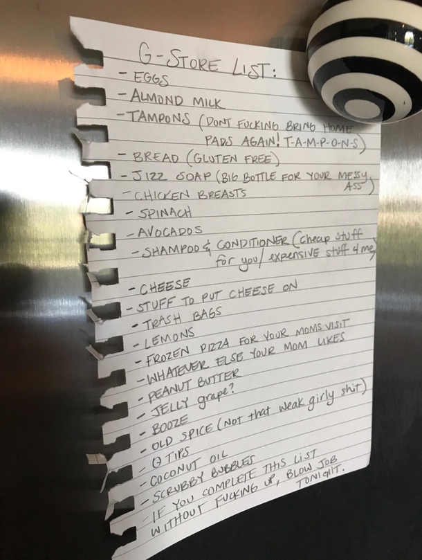 Wife left me a sexually CHARGED grocery list