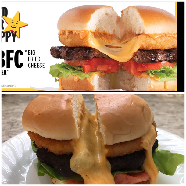 With all the bad burgers popping up on this sub I wanted to commend this one Bought  of them and reheated the second one the next day and took this pic Pretty true to their ad