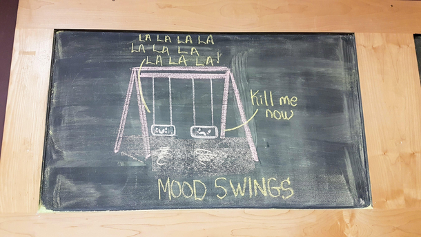 Woman at my dads work does drawings on the staff room chalk board