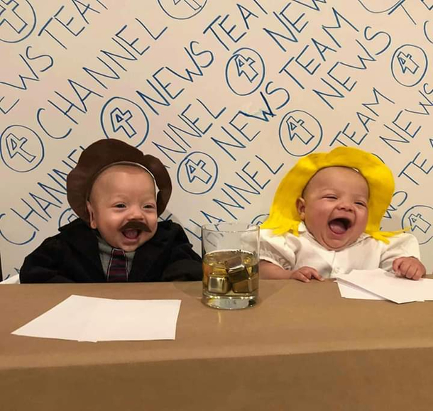 Woman dressed her twins up like Ron Burgundy and Veronica Corningstone for Halloween