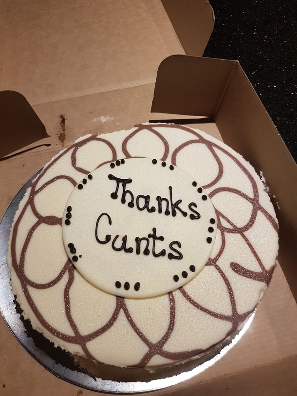 Workmates helped me out after a back injury Didnt want the thank cheese cake to be too sentimental