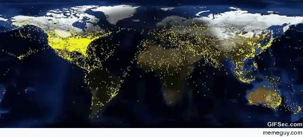 World air traffic looped over  hours - look at Europe right before and as morning hits it