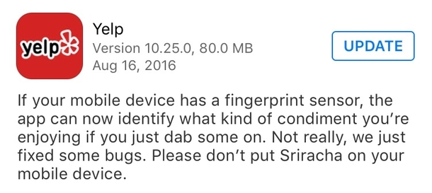 Yelps latest update note
