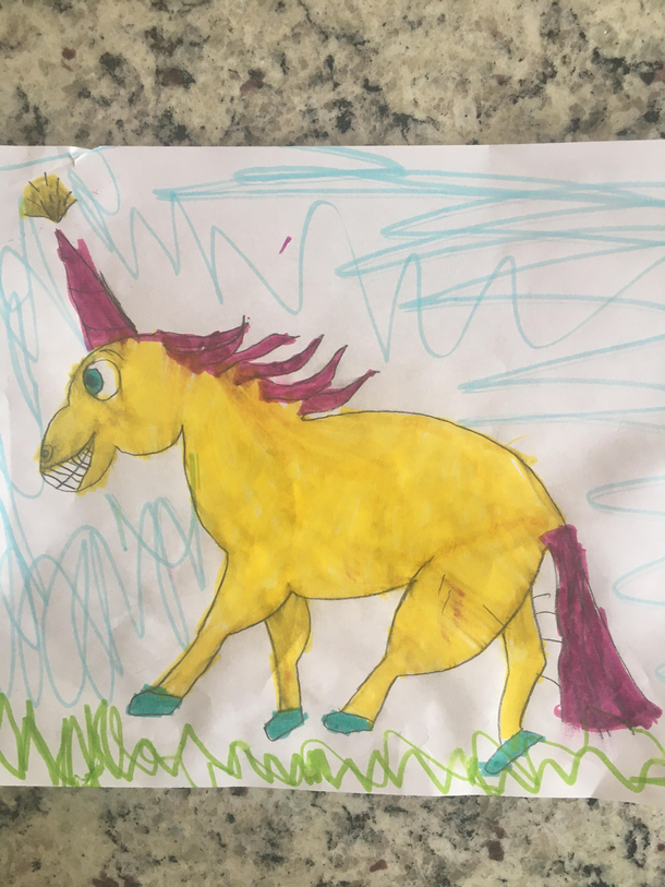 Yesterday my  yr old daughter asked me to draw her a unicorn and with my lack of artistic ability I barely drew this This morning she said it had haunted her dreams
