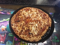  I know I should have zero expectations but check out the frankenpizza Chuck E Cheese tried to serve my kids Looks like the leftovers from  equally burnt and disgusting pizzas
