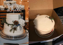  My sister wanted a miniature version of her wedding cake for their anniversary The picture of the wedding cake vs the replica made by the bakery