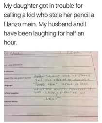  year old girl written up by her teacher for using an Overwatch themed insult in class