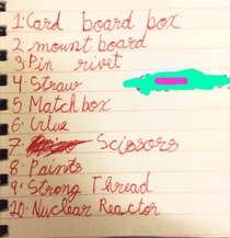  yr old nephews list of requirements for a DIY project he wants to attempt