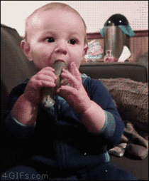 A baby reacts to a pickle