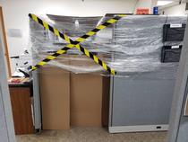 A co-worker went on a week-long business trip and came back to find their cubicle like this Compliments of the sales rep across from him