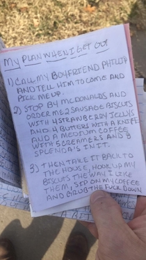 A coworkers friend found a notebook on the curb outside the county jail and it had this very specific list