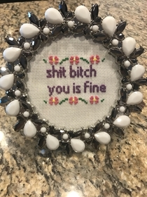 A cross stitch I made for a friends bathroom counter