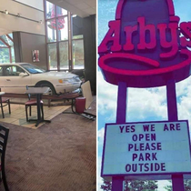 A few days ago a car drove through an Arbys This was their sign today