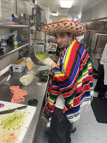 A few days late but here is my Mexican coworker on cinco mayo He wore this all day while we served enchiladas and guacamole