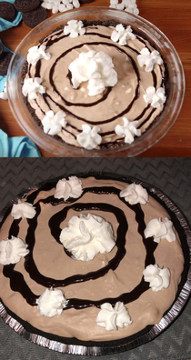 A frozen hot cocoa cheesecake from one of those Facebook cooking pages vs my attempt at recreating it