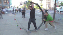 A giant skateboard-wheel-skateboard
