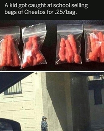 A kid at school got caught selling bags of Cheetos for Bag