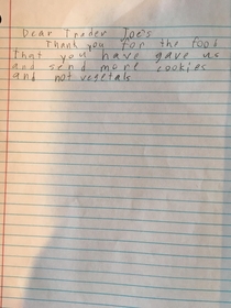 A letter that a kid wrote to Trader Joes for donating food