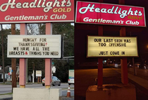 A local strip club in VA got a complaint about the left sign so they took it in stride