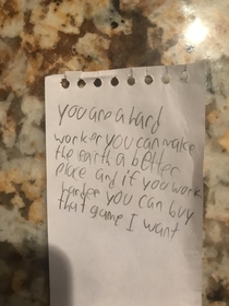 A note that my little cousin left for his dad
