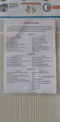 A paper displaying a few songs to sing while washing hands in a Polish school because there are doubts about students measuring time while washing their hands