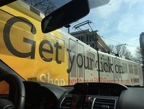 A Sacramento transit trains advert Get Your Click On message changes when it turns