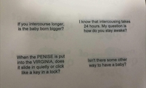 A teacher typed out questions she got from elementary school kids during Sex Ed