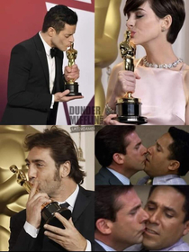 Actors kissing their oscar