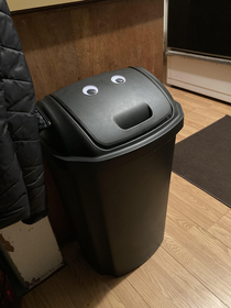Added googly eyes to the garbage can he seems really happy to accept your trash now