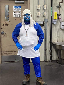 All of my coworkers agreed to dress up as smurfs for Halloween Im the only one to go through with it