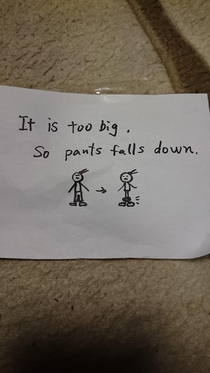 American family daughter in Japanese daycare Her teachers sent her home with this note today Apparently Japanese clothing sizes are not made to fit tall skinny American kids