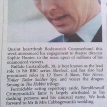 An Australian newspaper congratulates Benedict Cumberbatch on his engagement