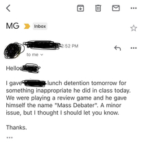 An email from my  year old sons teacher that I received today