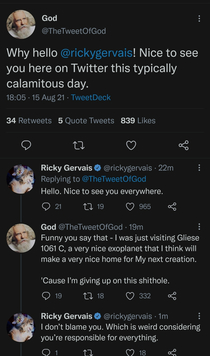 An exchange between Ricky Gervais and God