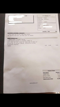 An invoice a friend sent me from his cousins workshop