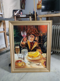 Ape with a wine glass oil on canvas Artista_cielo
