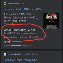 Apparently Jurassic Park is rated PG- for intense science